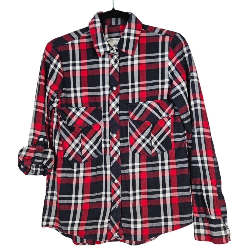 Zara Top Women's S Premium Denim Collection Multicolor Plaid Western Snap Button